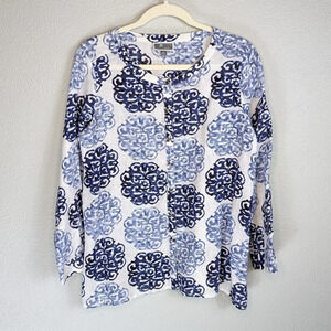 JM Collection Tunic Roll Tab Sleeve Button Down Size 6P in Blue, White